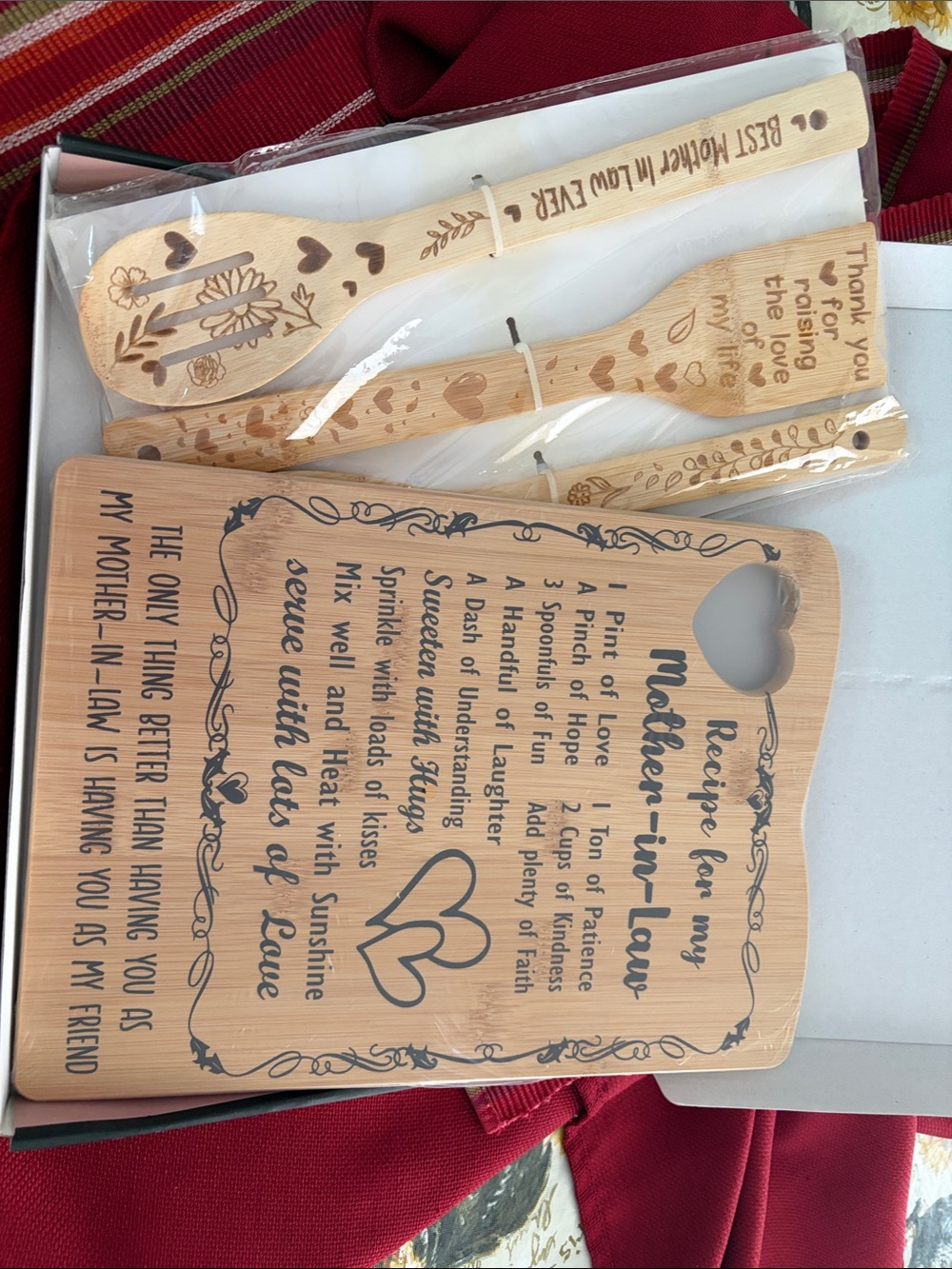 Mother-in-Law Recipe wooden Cutting Board and 3 wooden cooking tools in box